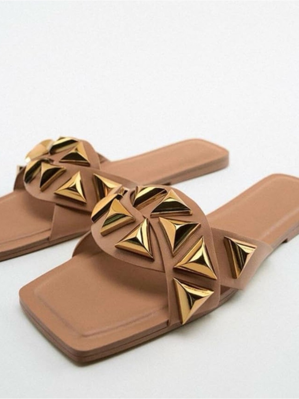 Zara Tan Slide Sandals with Gold Pyramid Accents